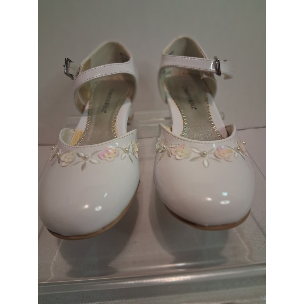 Christie & Jill Girls White Patent Floral Sequin Mary Jane Dress Shoes Size 2M